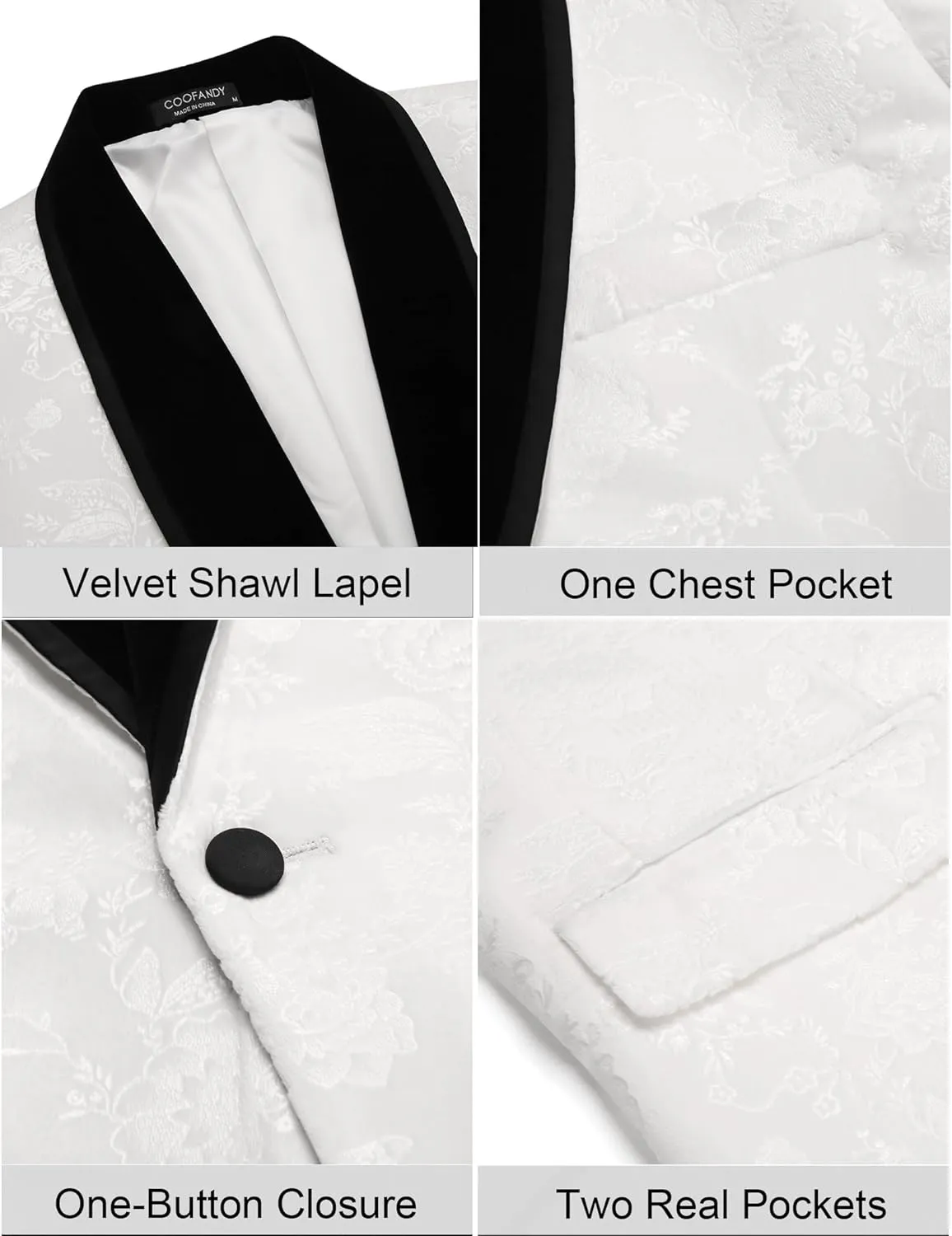 COOFANDY Men's Velvet Tuxedo Floral Blazer Jacket One Button Shawl Lapel Suit Jacket for Dinner Prom Party Wedding