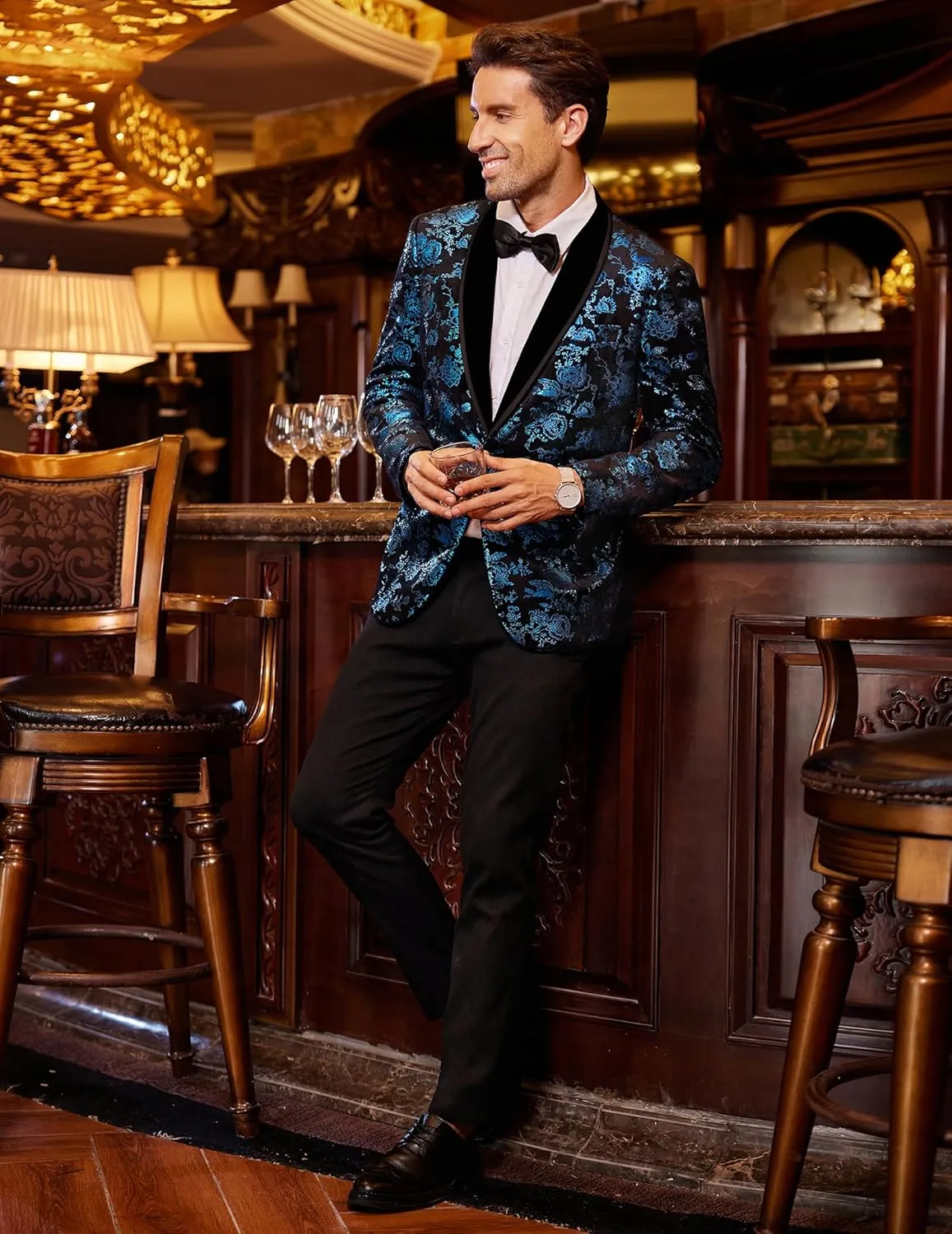 COOFANDY Men's Velvet Tuxedo Floral Blazer Jacket One Button Shawl Lapel Suit Jacket for Dinner Prom Party Wedding