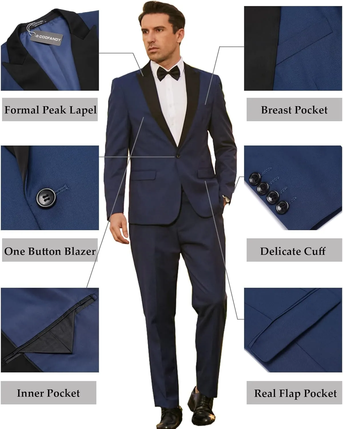 COOFANDY Men's Wedding Suits 2 Piece Tuxedo Jacket One Button Peak Lapel Suit Jacket Dress Pants for Dinner,Prom,Party