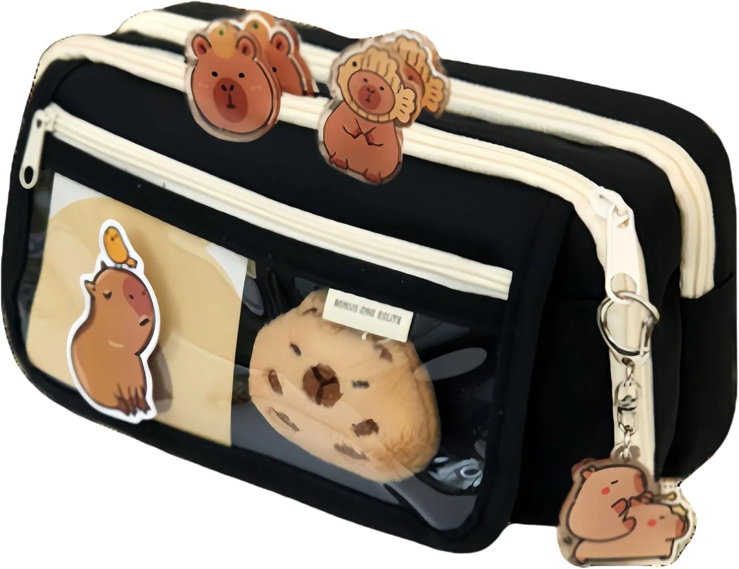 Cosmetic Bag Nine-layer Large Capacity Capybara Cosmetic Bag Office Stationery Storage Bag Set Plush Doll   20* Stickers   2* Brooches   1* Sticker   1* Keychain (Black)