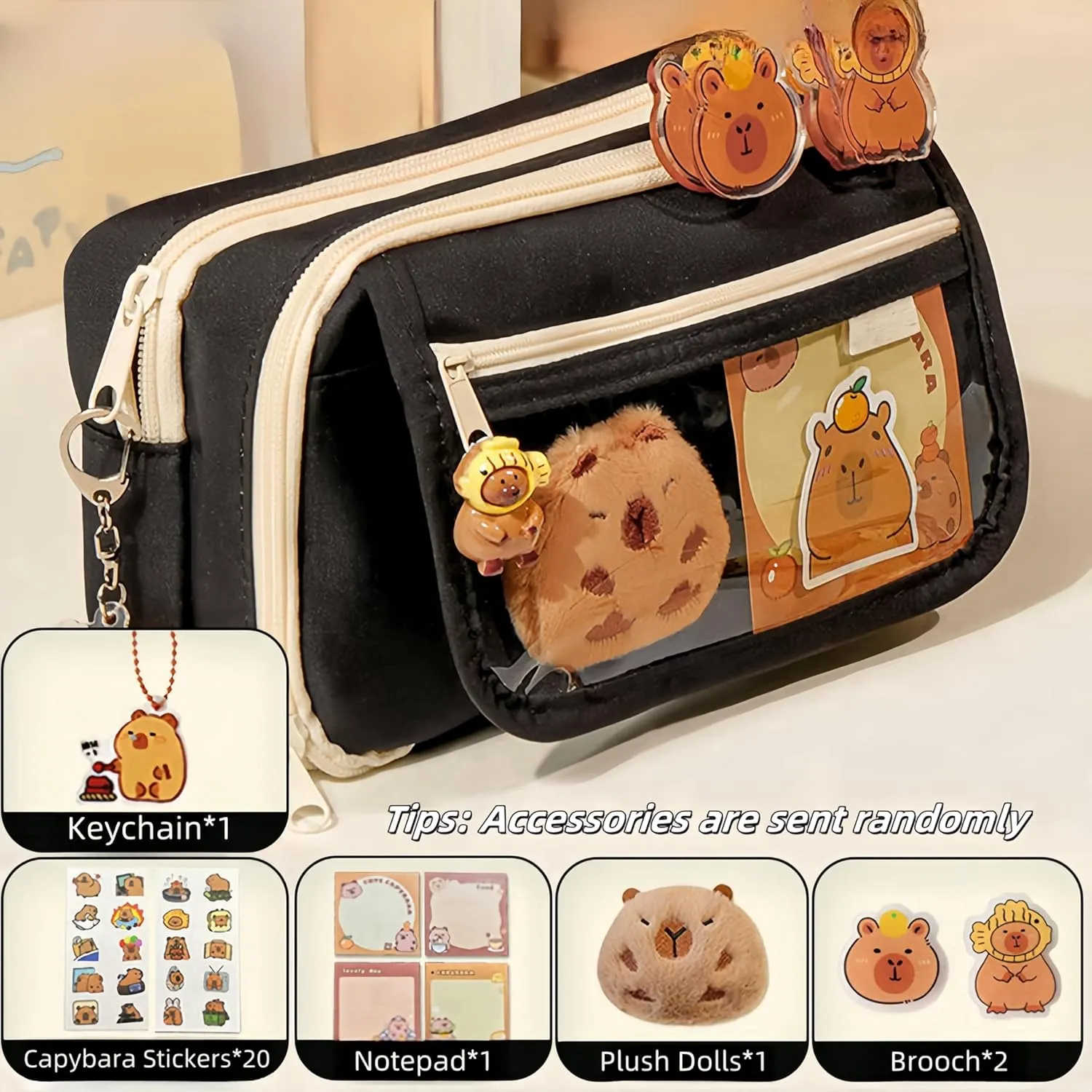 Cosmetic Bag Nine-layer Large Capacity Capybara Cosmetic Bag Office Stationery Storage Bag Set Plush Doll   20* Stickers   2* Brooches   1* Sticker   1* Keychain (Black)