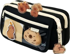 Cosmetic Bag Nine-layer Large Capacity Capybara Cosmetic Bag Office Stationery Storage Bag Set Plush Doll   20* Stickers   2* Brooches   1* Sticker   1* Keychain (Black)