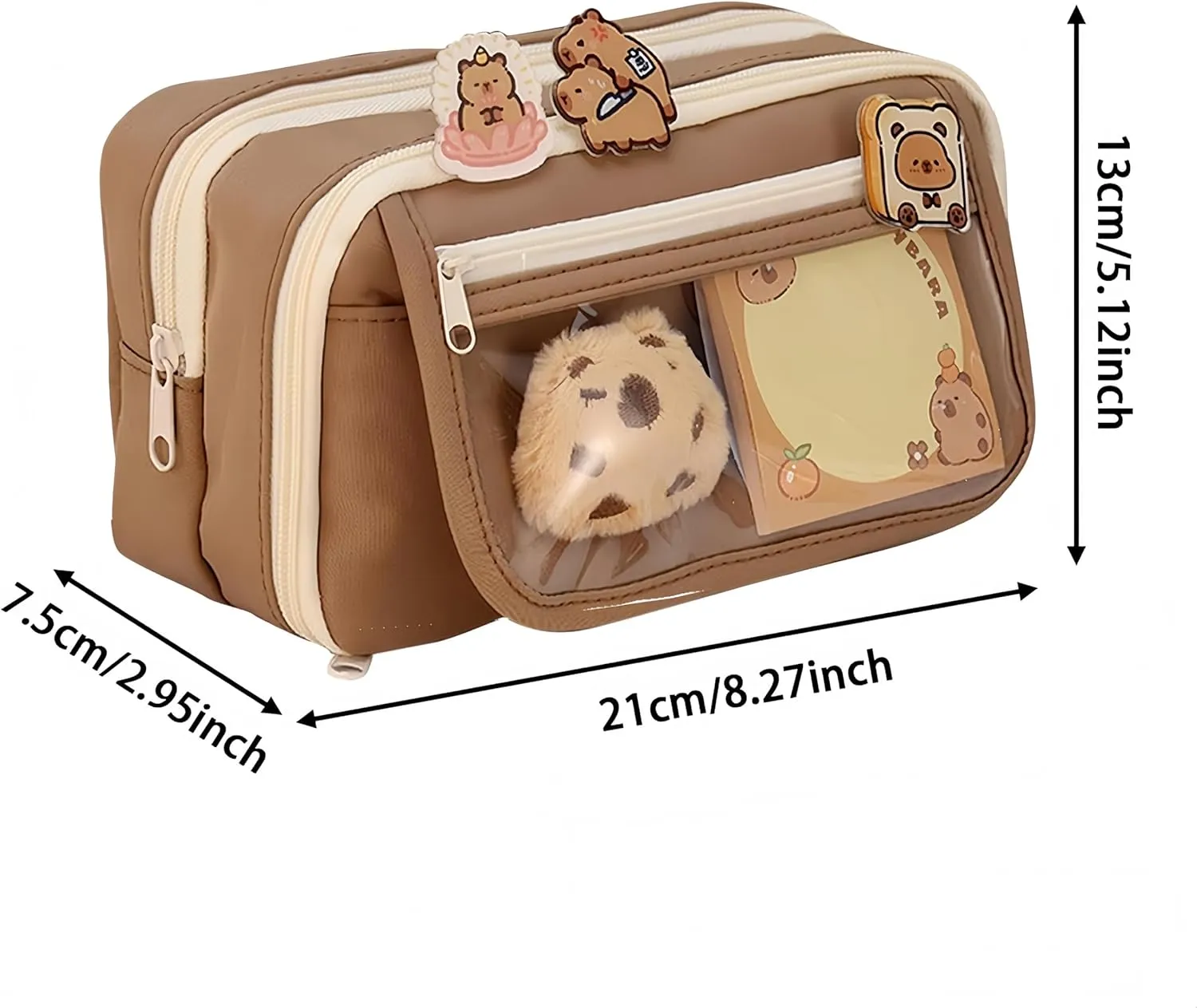 Cosmetic Bag Nine-layer Large Capacity Capybara Cosmetic Bag Office Stationery Storage Bag Set Plush Doll   20* Stickers   2* Brooches   1* Sticker   1* Keychain (Brown)