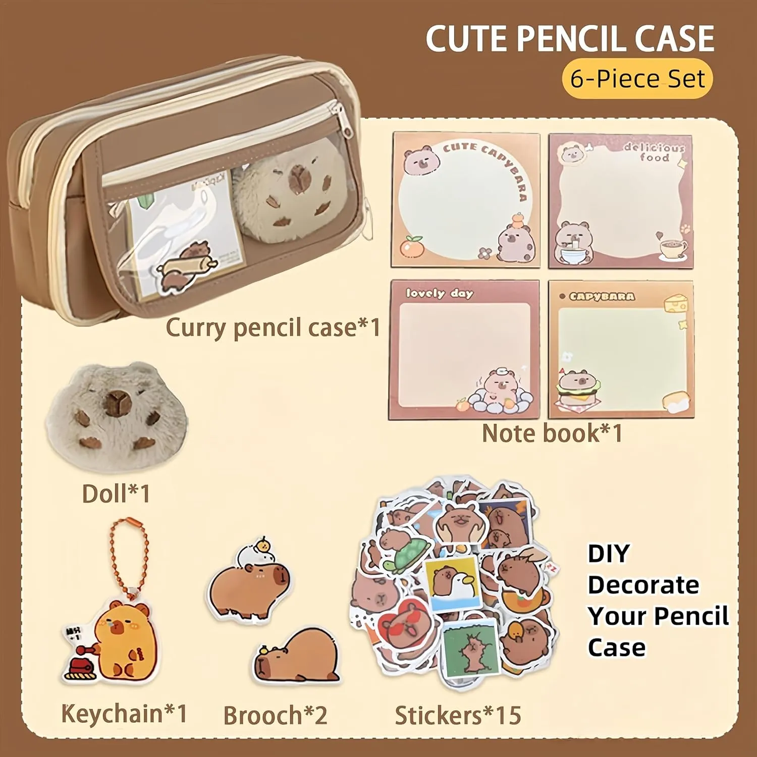 Cosmetic Bag Nine-layer Large Capacity Capybara Cosmetic Bag Office Stationery Storage Bag Set Plush Doll   20* Stickers   2* Brooches   1* Sticker   1* Keychain (Brown)