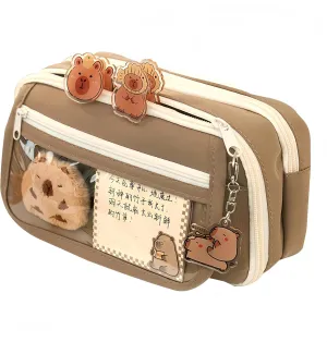 Cosmetic Bag Nine-layer Large Capacity Capybara Cosmetic Bag Office Stationery Storage Bag Set Plush Doll   20* Stickers   2* Brooches   1* Sticker   1* Keychain (Brown)