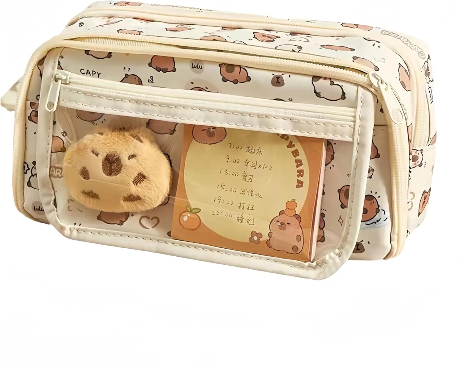 Cosmetic Bag Nine-layer Large Capacity Capybara Cosmetic Bag Office Stationery Storage Bag Set Plush Doll   20* Stickers   2* Brooches   1* Sticker   1* Keychain (White Print)