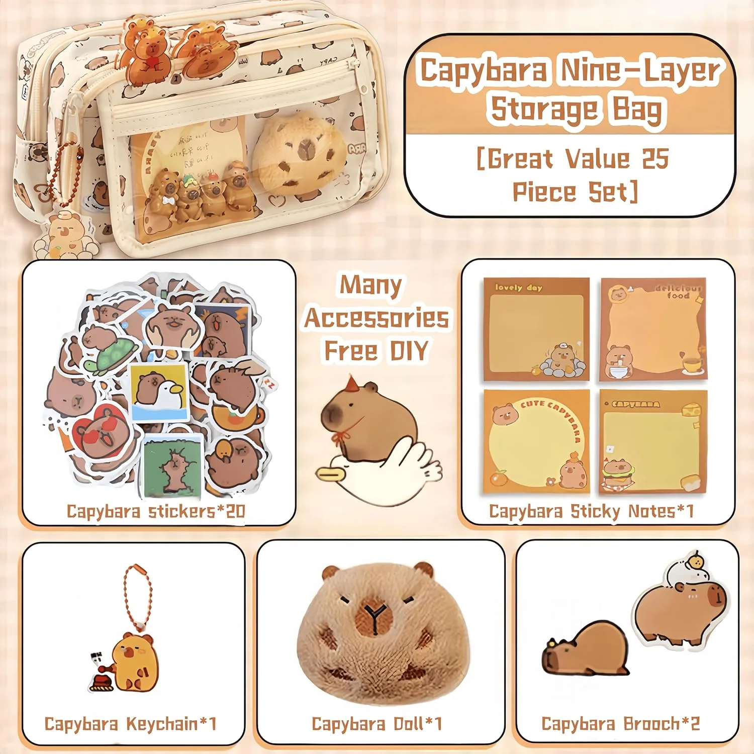 Cosmetic Bag Nine-layer Large Capacity Capybara Cosmetic Bag Office Stationery Storage Bag Set Plush Doll   20* Stickers   2* Brooches   1* Sticker   1* Keychain (White Print)
