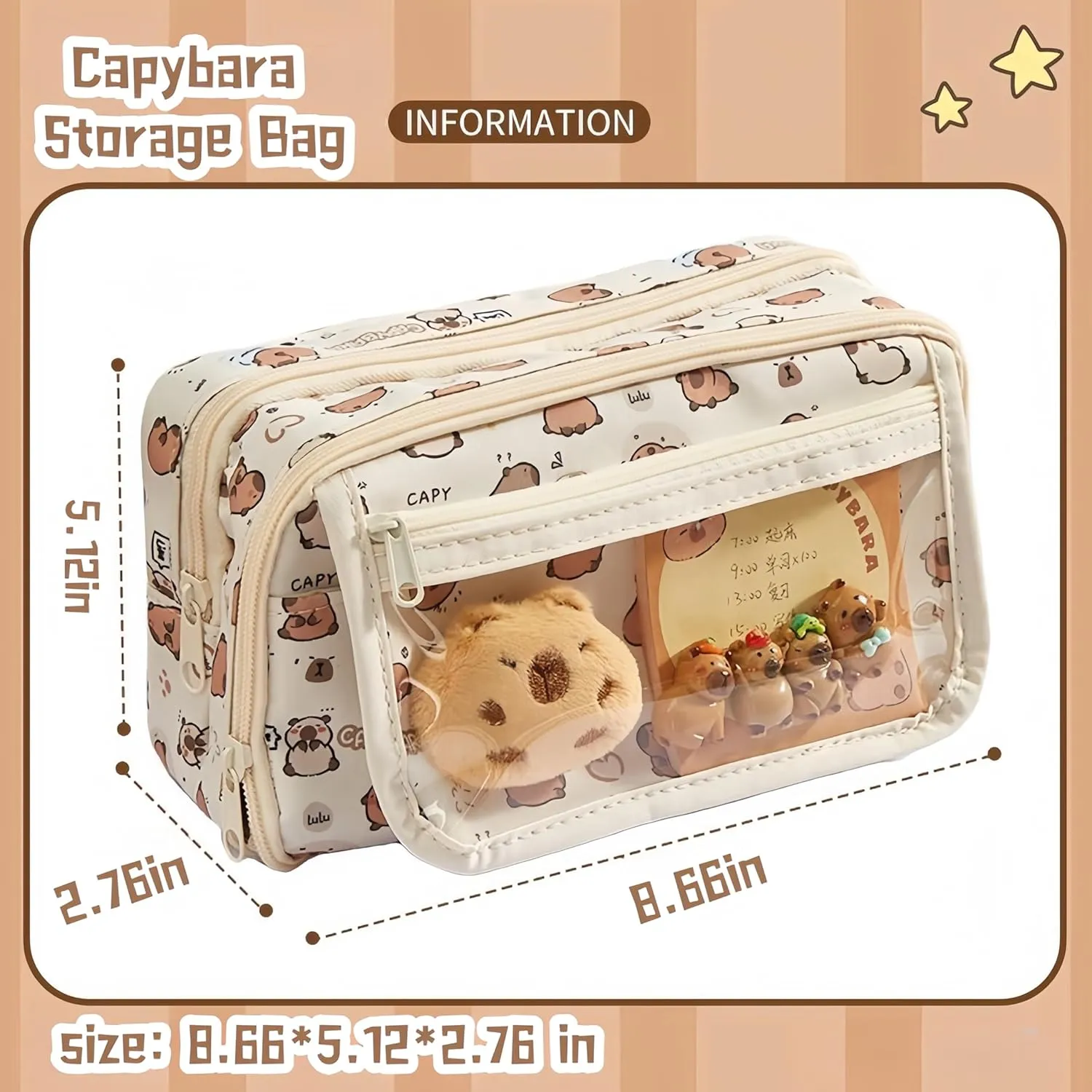 Cosmetic Bag Nine-layer Large Capacity Capybara Cosmetic Bag Office Stationery Storage Bag Set Plush Doll   20* Stickers   2* Brooches   1* Sticker   1* Keychain (White Print)
