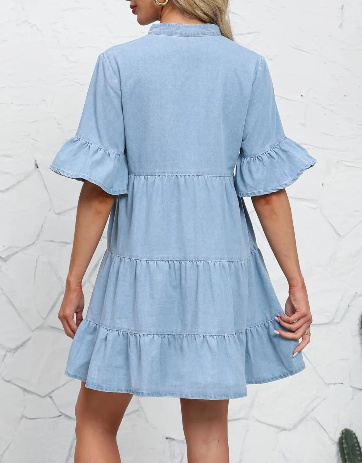 CYLADY Women Denim Dresses Casual V Neck Ruffle Short Sleeve Summer Denim Jean Dress