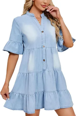 CYLADY Women Denim Dresses Casual V Neck Ruffle Short Sleeve Summer Denim Jean Dress