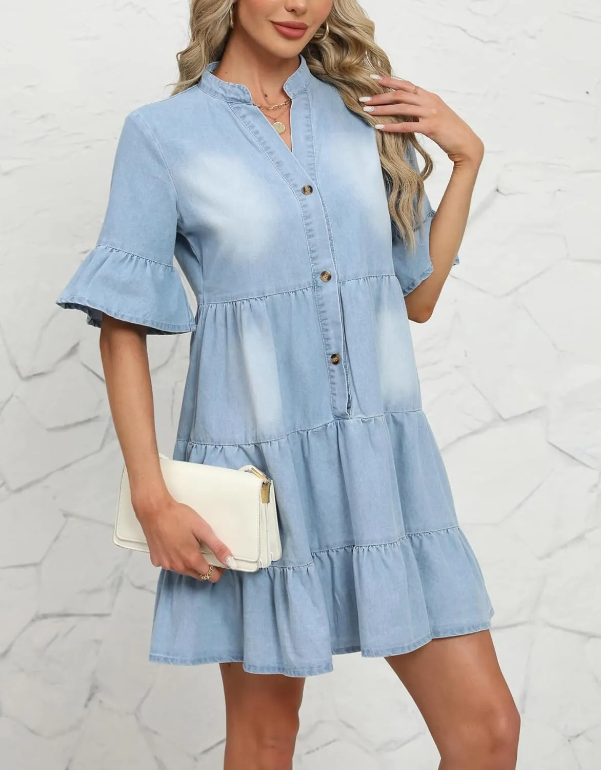 CYLADY Women Denim Dresses Casual V Neck Ruffle Short Sleeve Summer Denim Jean Dress