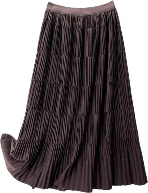 DBFBDTU Pleated Long Skirt for Women Solid A Line High Waist Midi Skirt Female