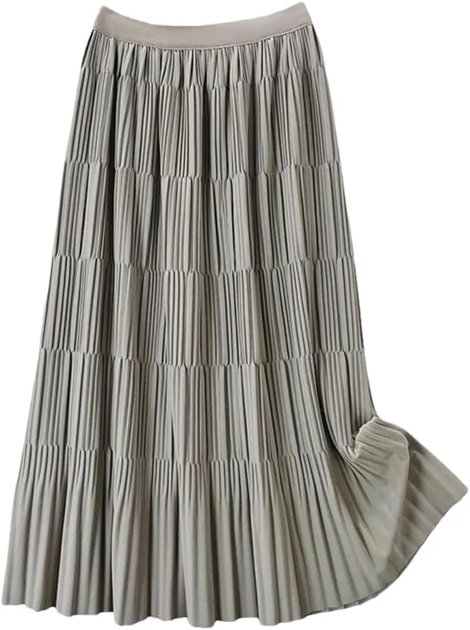 DBFBDTU Pleated Long Skirt for Women Solid A Line High Waist Midi Skirt Female
