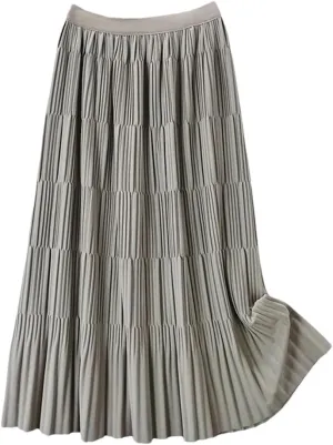 DBFBDTU Pleated Long Skirt for Women Solid A Line High Waist Midi Skirt Female