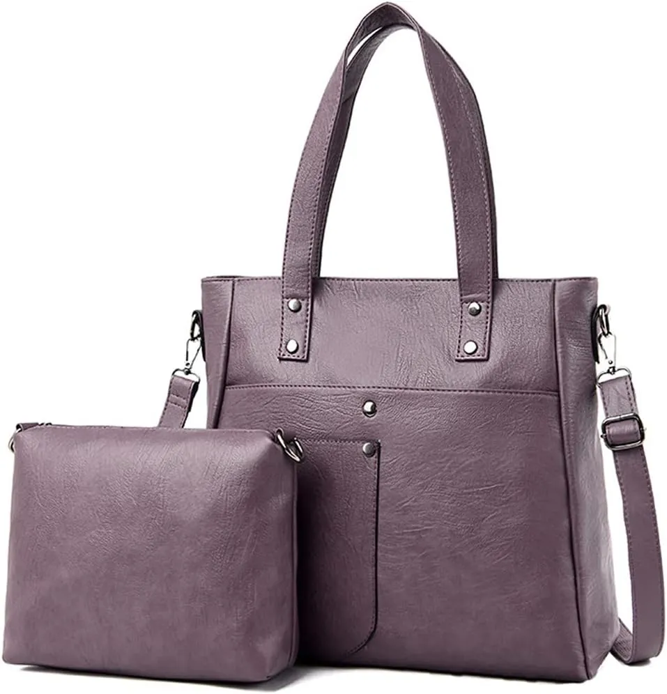 Downupdown Women Handbags and Purse Set Soft Leather Satchel Shoulder Bags Minimalist Ladies Tote Bags Crossbody Bag 2-Pcs