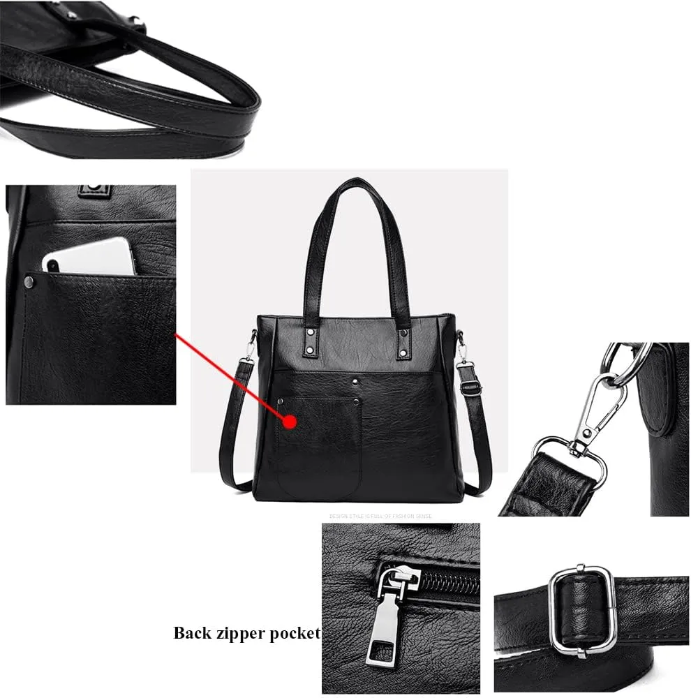 Downupdown Women Handbags and Purse Set Soft Leather Satchel Shoulder Bags Minimalist Ladies Tote Bags Crossbody Bag 2-Pcs