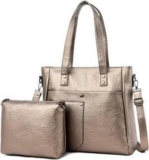 Downupdown Women Handbags and Purse Set Soft Leather Satchel Shoulder Bags Minimalist Ladies Tote Bags Crossbody Bag 2-Pcs