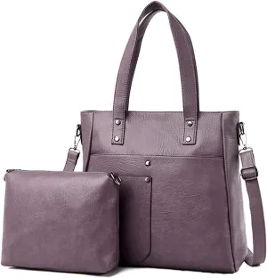 Downupdown Women Handbags and Purse Set Soft Leather Satchel Shoulder Bags Minimalist Ladies Tote Bags Crossbody Bag 2-Pcs