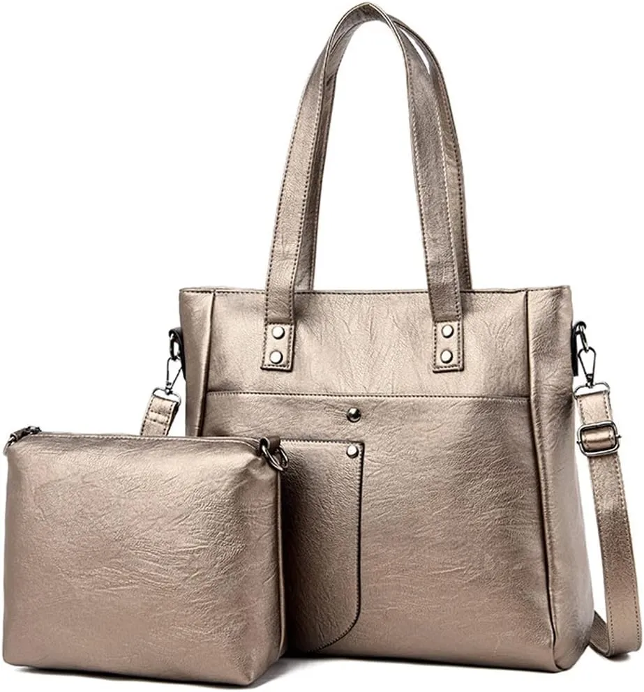 Downupdown Women Handbags and Purse Set Soft Leather Satchel Shoulder Bags Minimalist Ladies Tote Bags Crossbody Bag 2-Pcs