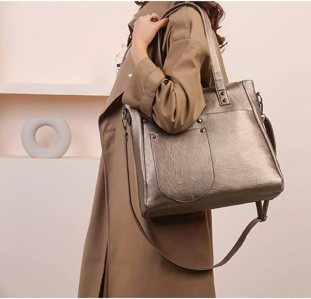 Downupdown Women Handbags and Purse Set Soft Leather Satchel Shoulder Bags Minimalist Ladies Tote Bags Crossbody Bag 2-Pcs