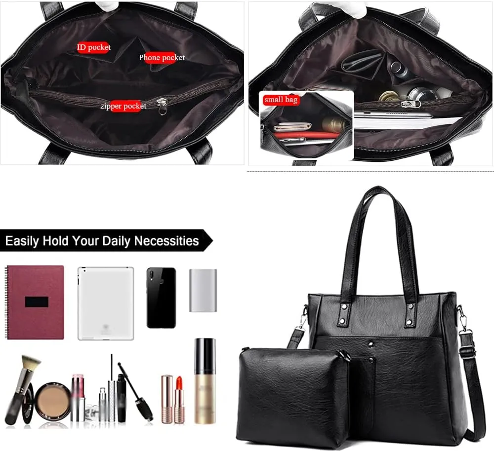 Downupdown Women Handbags and Purse Set Soft Leather Satchel Shoulder Bags Minimalist Ladies Tote Bags Crossbody Bag 2-Pcs