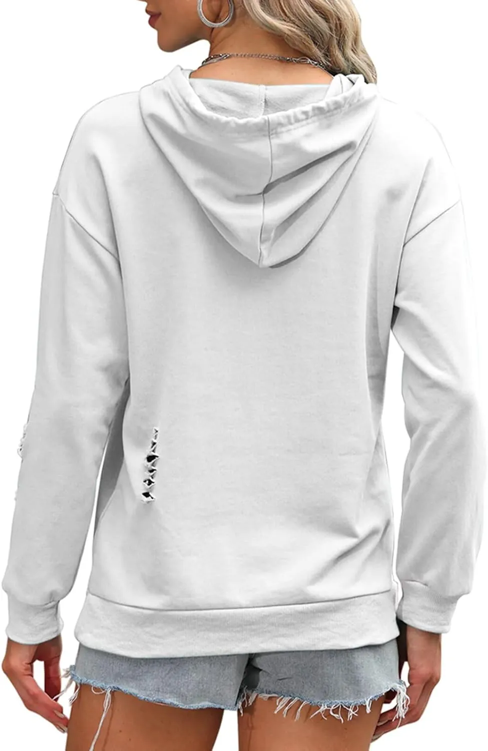 EADINVE Women's Hooded Sweatshirt Hollow Out Distressed Long Sleeve Drawstring Hoodie with Kangaroo Pocket