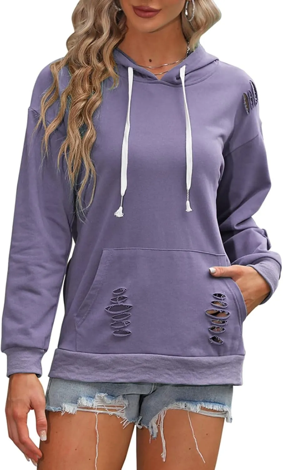 EADINVE Women's Hooded Sweatshirt Hollow Out Distressed Long Sleeve Drawstring Hoodie with Kangaroo Pocket