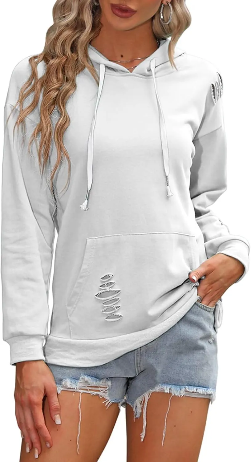 EADINVE Women's Hooded Sweatshirt Hollow Out Distressed Long Sleeve Drawstring Hoodie with Kangaroo Pocket