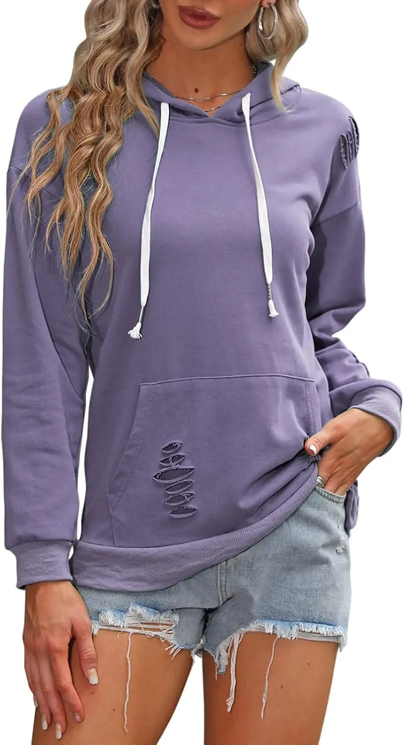 EADINVE Women's Hooded Sweatshirt Hollow Out Distressed Long Sleeve Drawstring Hoodie with Kangaroo Pocket