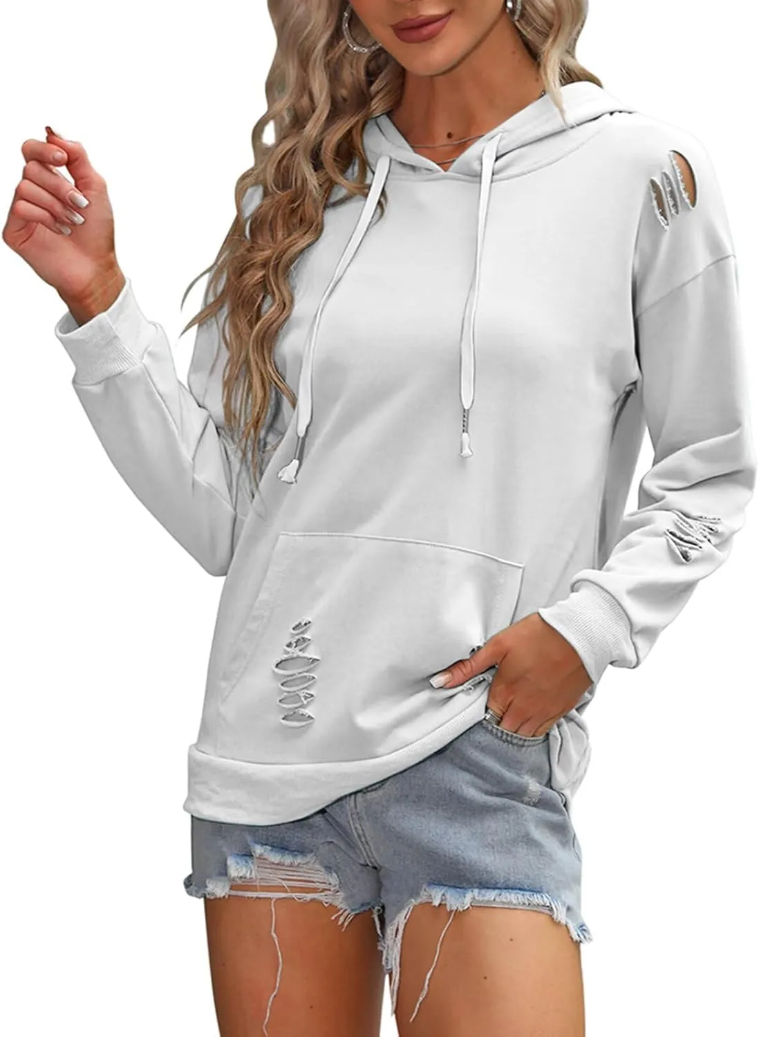 EADINVE Women's Hooded Sweatshirt Hollow Out Distressed Long Sleeve Drawstring Hoodie with Kangaroo Pocket