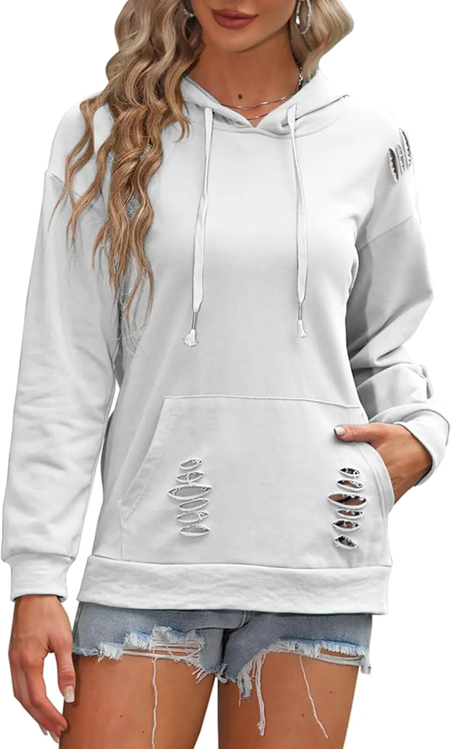 EADINVE Women's Hooded Sweatshirt Hollow Out Distressed Long Sleeve Drawstring Hoodie with Kangaroo Pocket