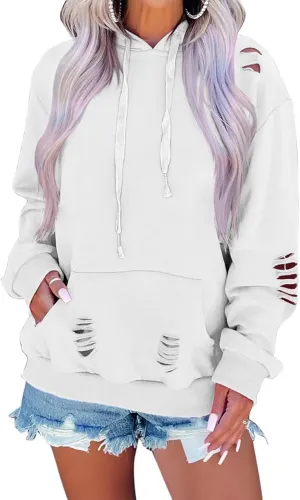 EADINVE Women's Hooded Sweatshirt Hollow Out Distressed Long Sleeve Drawstring Hoodie with Kangaroo Pocket