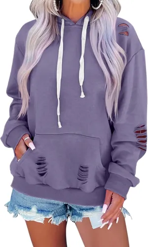 EADINVE Women's Hooded Sweatshirt Hollow Out Distressed Long Sleeve Drawstring Hoodie with Kangaroo Pocket