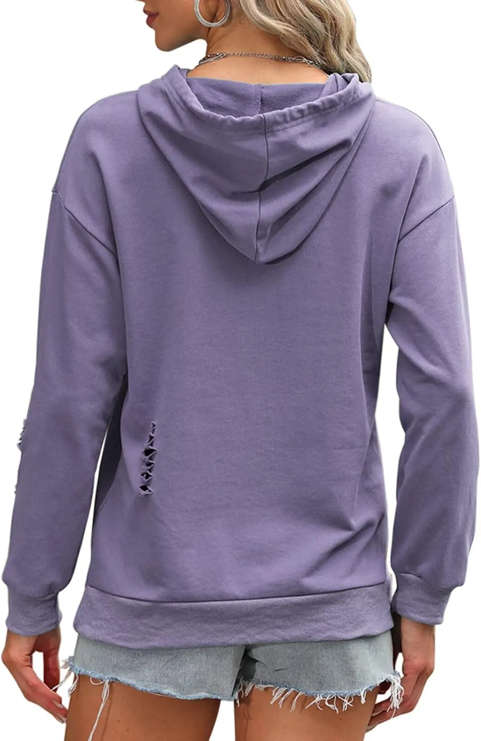 EADINVE Women's Hooded Sweatshirt Hollow Out Distressed Long Sleeve Drawstring Hoodie with Kangaroo Pocket