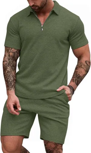 EISHOPEER Men's Polo Shirt and Shorts Set Fashion Zipper 2 Pieces Outfits