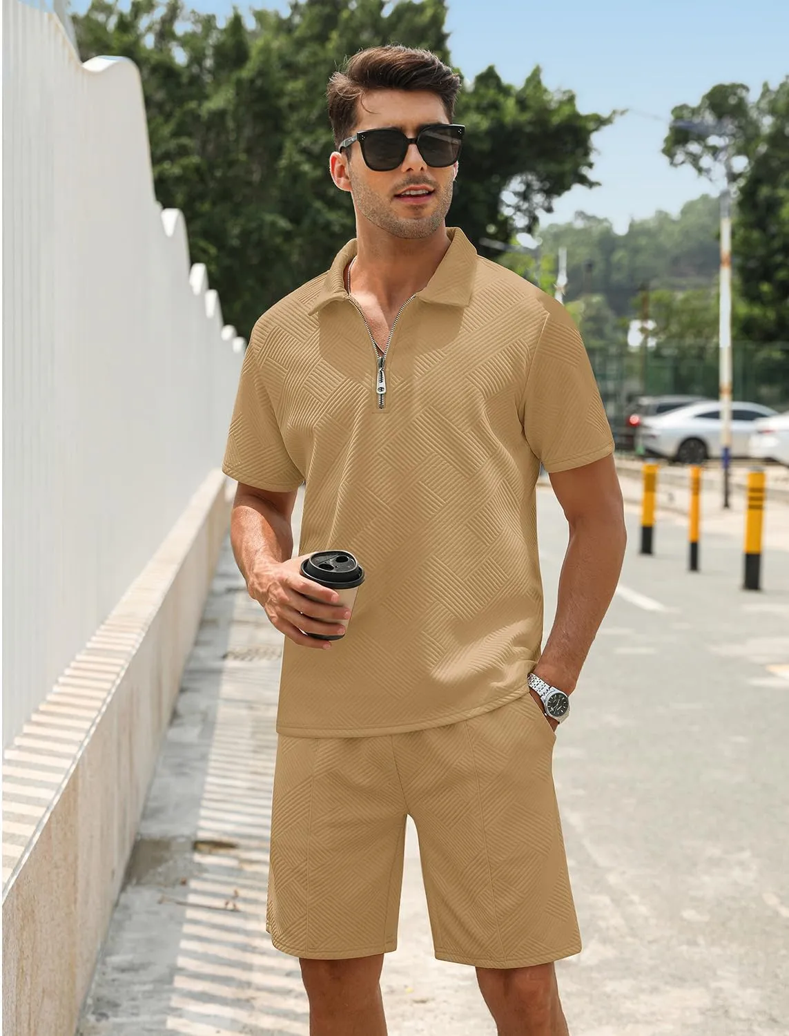 EISHOPEER Men's Polo Shirt and Shorts Set Fashion Zipper 2 Pieces Outfits
