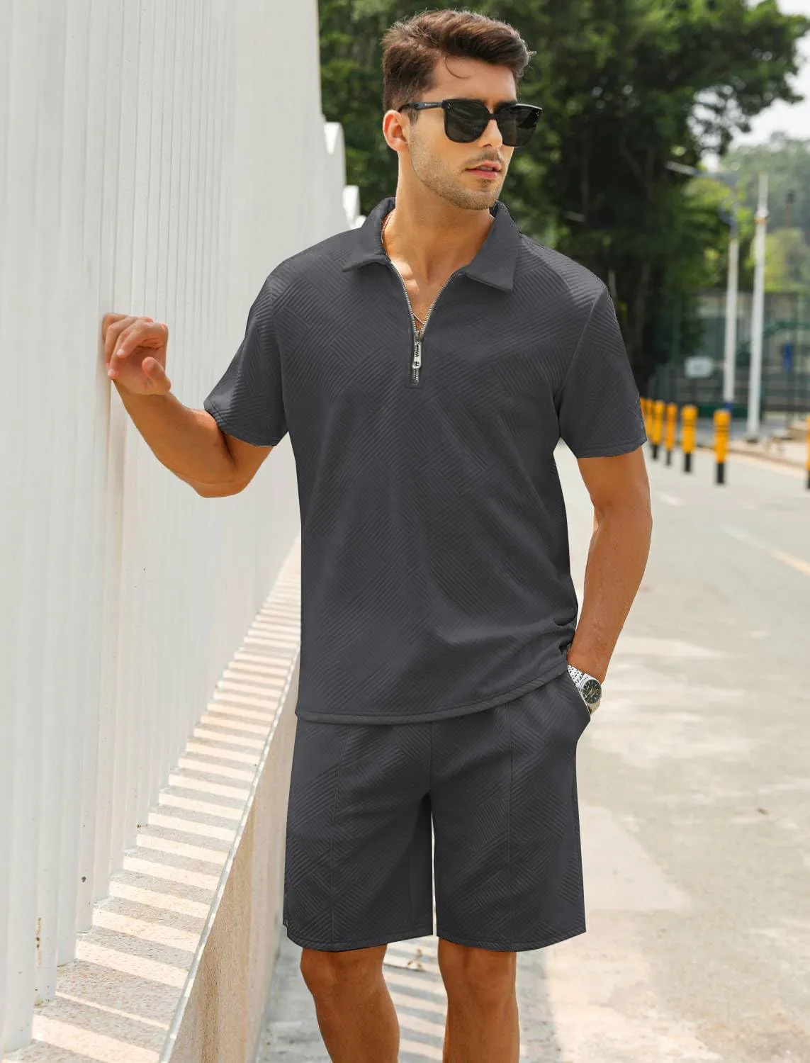 EISHOPEER Men's Polo Shirt and Shorts Set Fashion Zipper 2 Pieces Outfits
