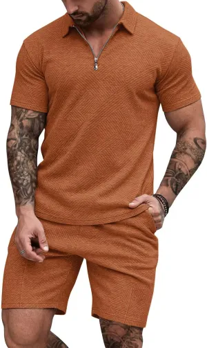 EISHOPEER Men's Polo Shirt and Shorts Set Fashion Zipper 2 Pieces Outfits