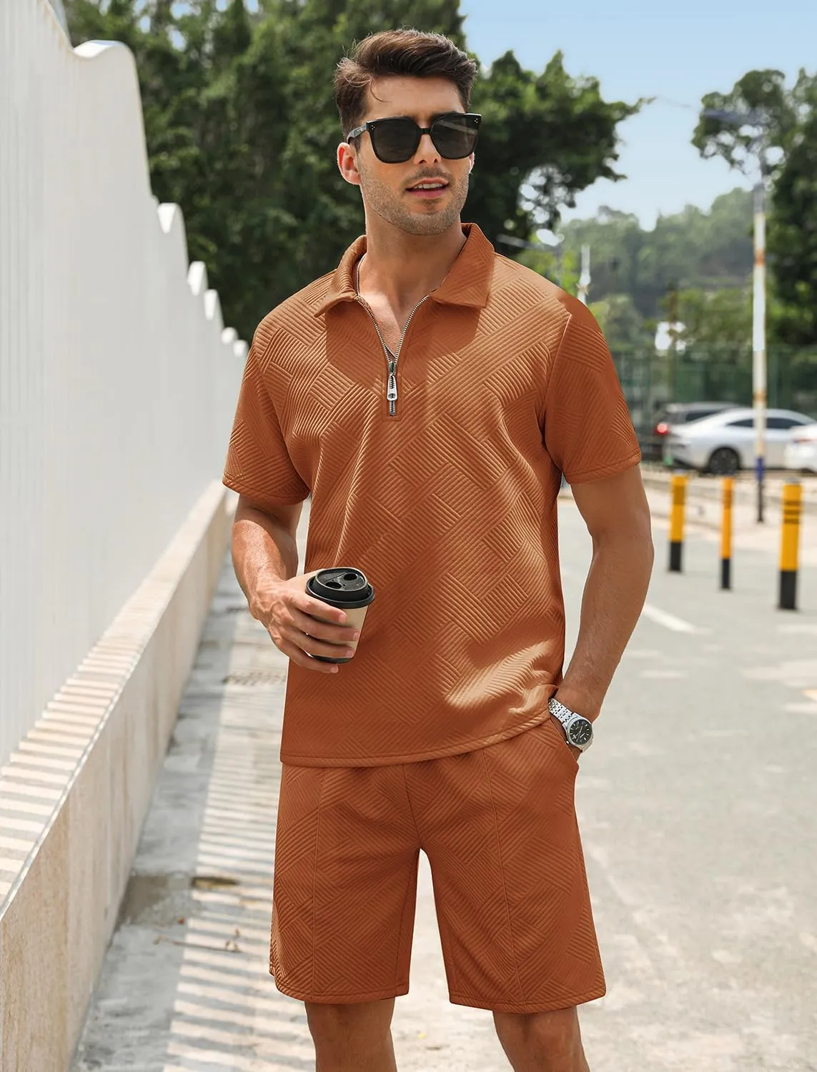 EISHOPEER Men's Polo Shirt and Shorts Set Fashion Zipper 2 Pieces Outfits