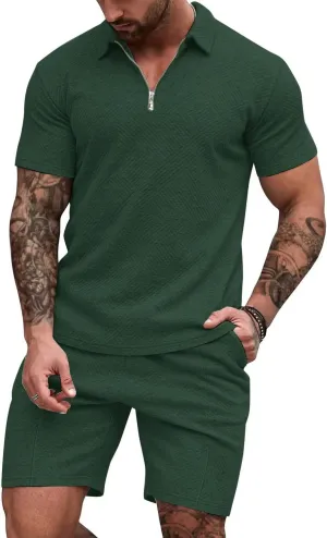 EISHOPEER Men's Polo Shirt and Shorts Set Fashion Zipper 2 Pieces Outfits