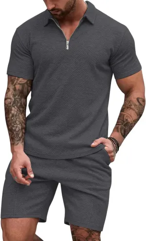 EISHOPEER Men's Polo Shirt and Shorts Set Fashion Zipper 2 Pieces Outfits