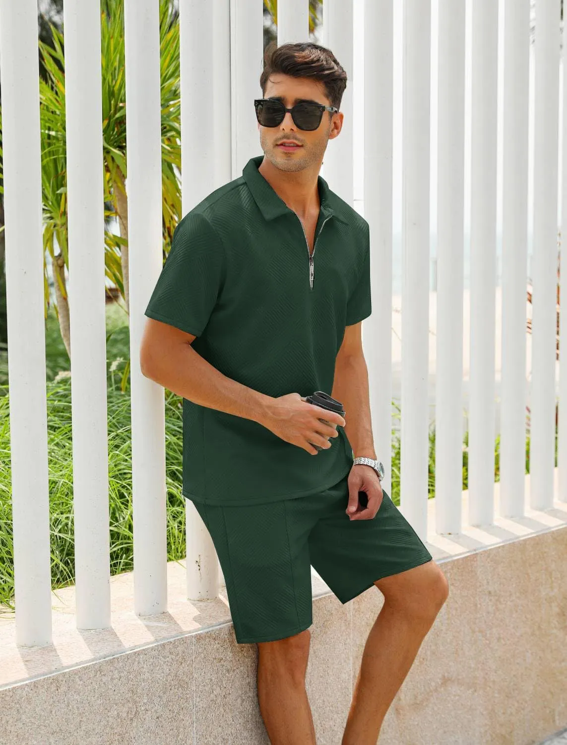 EISHOPEER Men's Polo Shirt and Shorts Set Fashion Zipper 2 Pieces Outfits