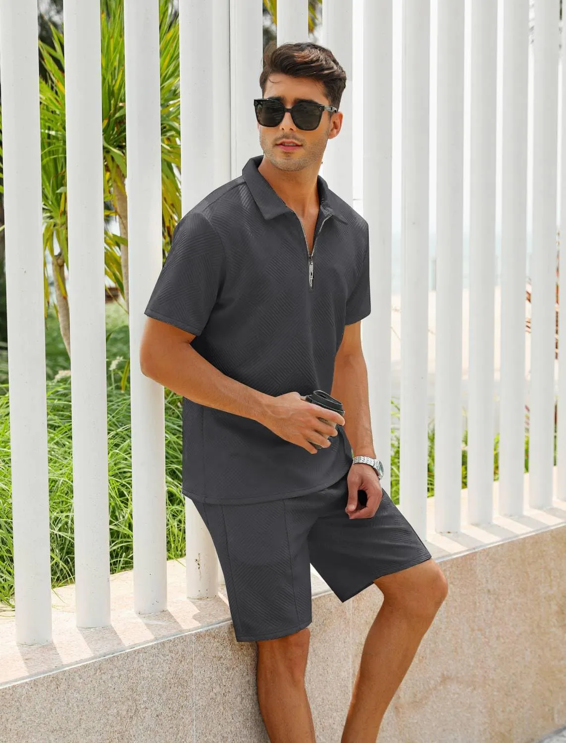 EISHOPEER Men's Polo Shirt and Shorts Set Fashion Zipper 2 Pieces Outfits