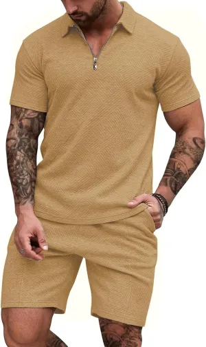 EISHOPEER Men's Polo Shirt and Shorts Set Fashion Zipper 2 Pieces Outfits
