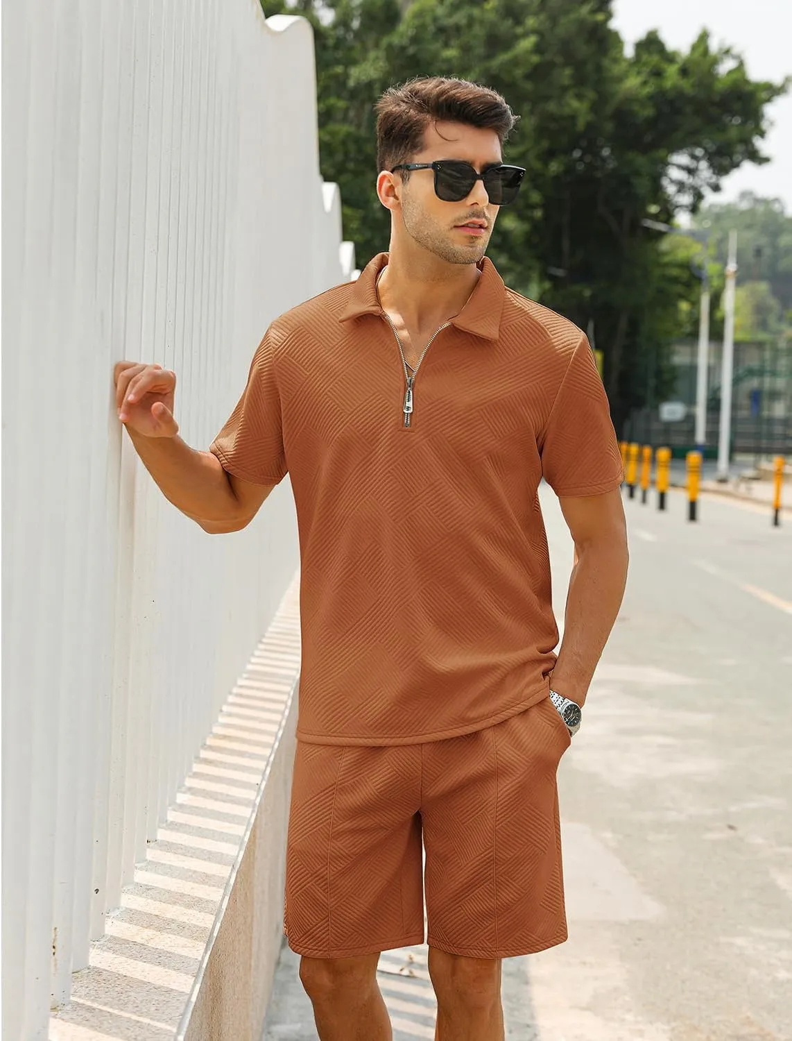 EISHOPEER Men's Polo Shirt and Shorts Set Fashion Zipper 2 Pieces Outfits