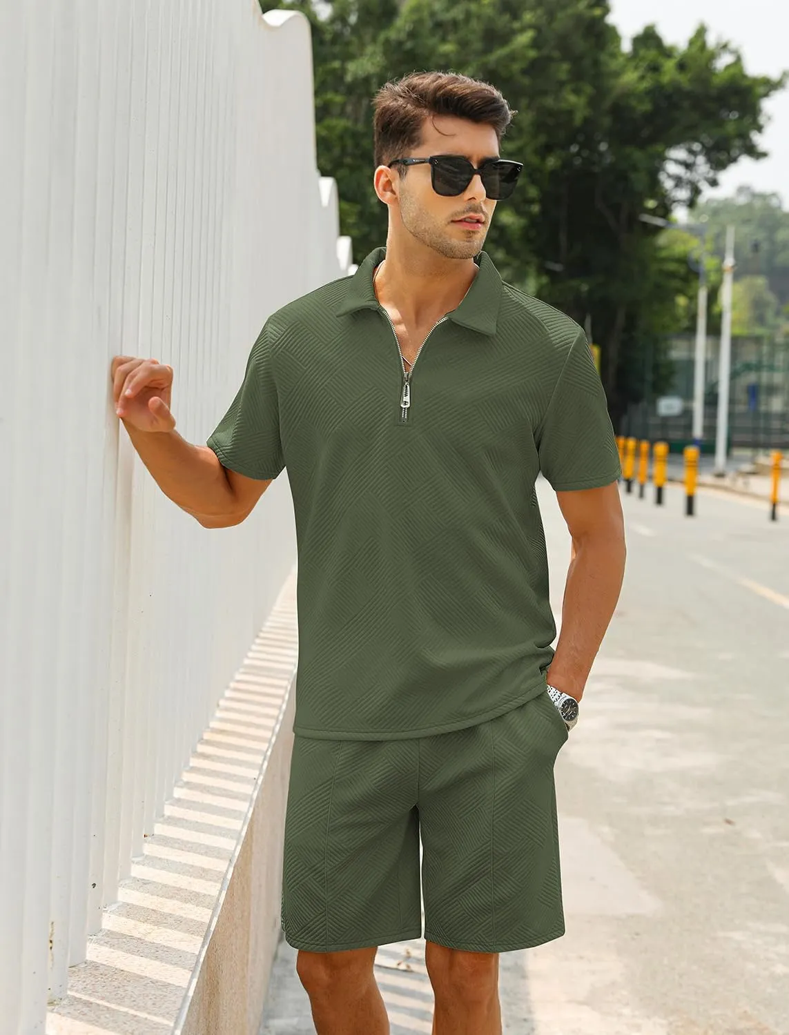EISHOPEER Men's Polo Shirt and Shorts Set Fashion Zipper 2 Pieces Outfits
