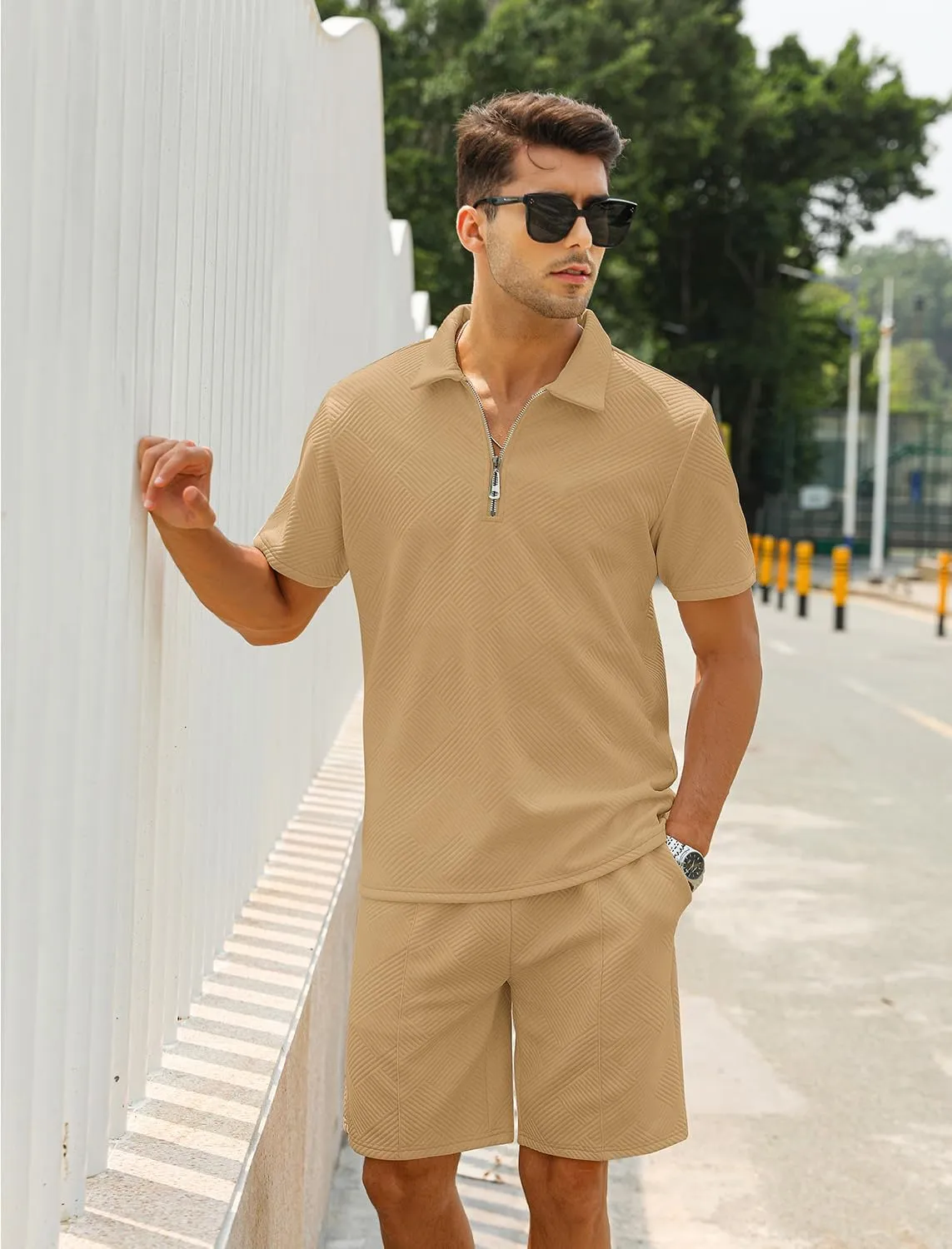EISHOPEER Men's Polo Shirt and Shorts Set Fashion Zipper 2 Pieces Outfits