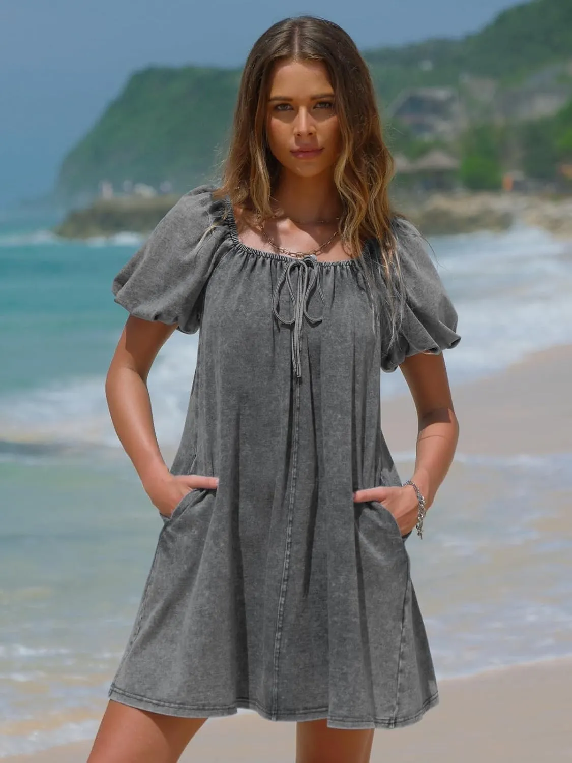 EXLURA Womens Summer Denim Short Puff Sleeve Dresses Knit Loose Plus Size Short Mini Dress 2025 Trendy Outfit