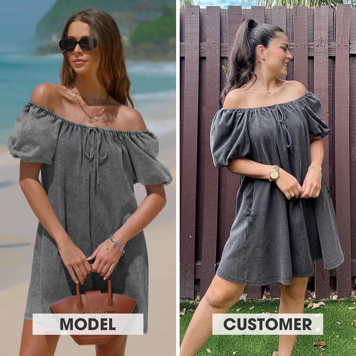 EXLURA Womens Summer Denim Short Puff Sleeve Dresses Knit Loose Plus Size Short Mini Dress 2025 Trendy Outfit