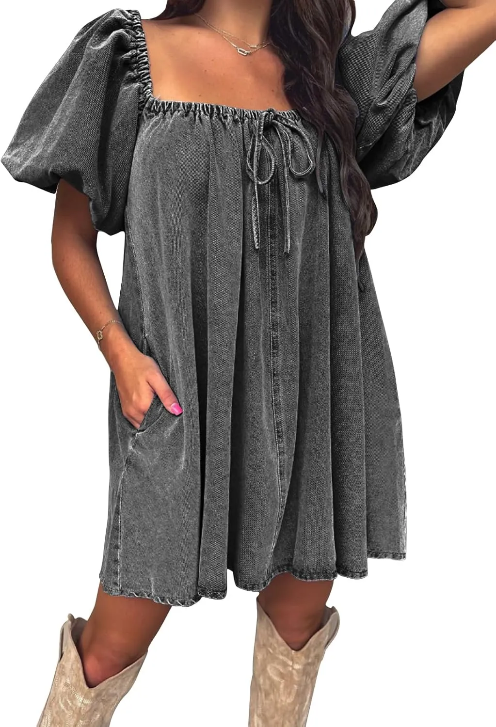 EXLURA Womens Summer Denim Short Puff Sleeve Dresses Knit Loose Plus Size Short Mini Dress 2025 Trendy Outfit